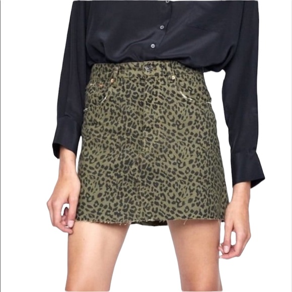 Zara Dresses & Skirts - Zara Woman Premium Denim Green & Black Frayed Leopard Print Mini Skirt S…